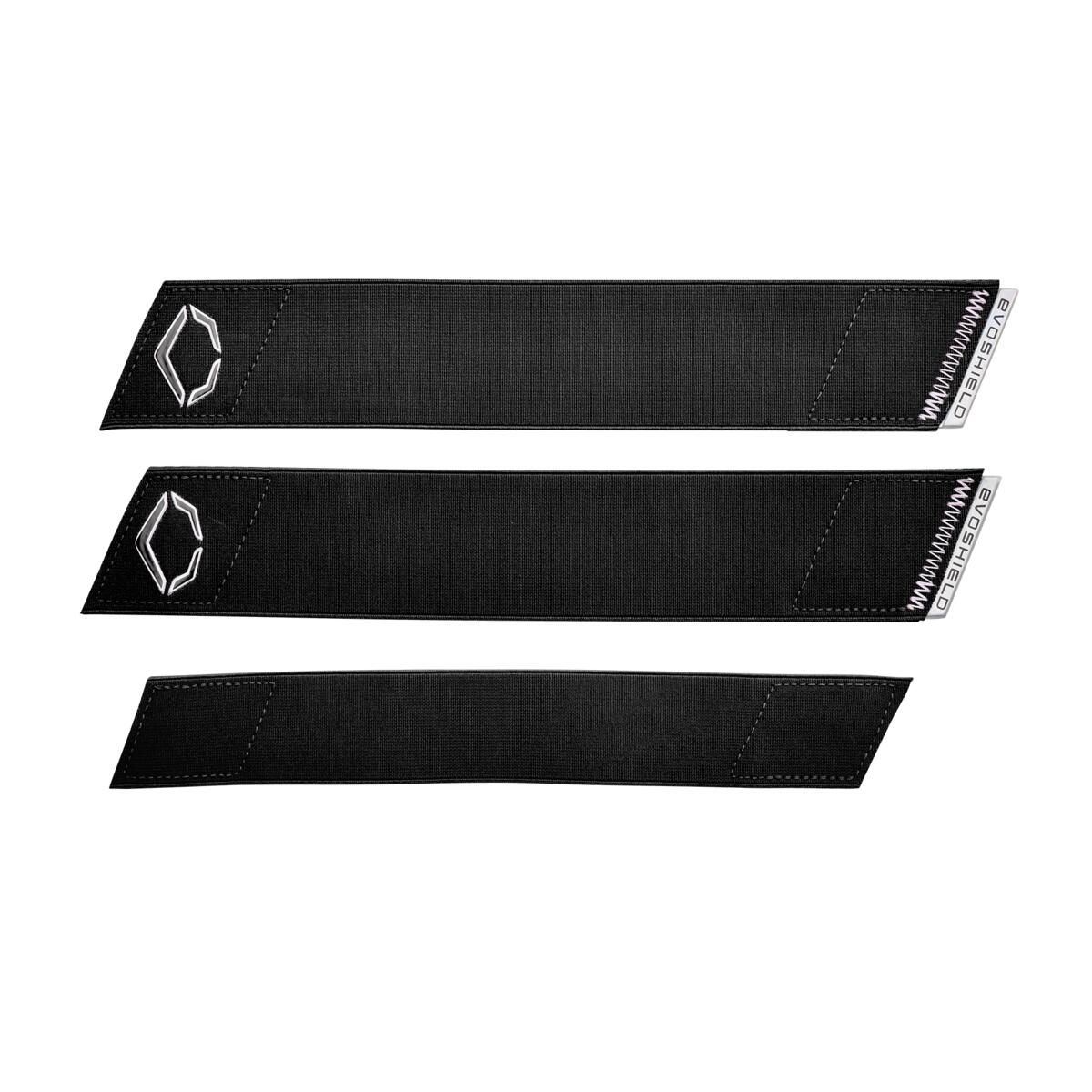 Three black EvoShield PRO-SRZ 2.0 Batter's Leg Guard patches with stitched edges—two displaying a white geometric EvoShield logo and branding—arranged horizontally on a white background, resembling advanced Gel-to-Shell leg guard accessories.