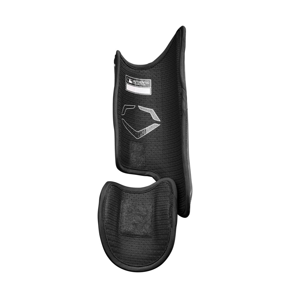 The EvoShield PRO-SRZ 2.0 Batter's Leg Guard (WB5726901) by EvoShield features a black, contoured design with Gel-to-Shell Technology, soft lining, and Velcro closures, shown on a plain white background.