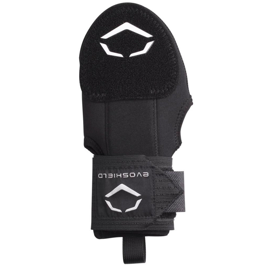 The EvoShield Youth Sliding Mitt: WB573380 is a black mitt with reinforced padding, a Velcro strap labeled EvoShield, and two white geometric logos—perfect protective gear for young baseball players.