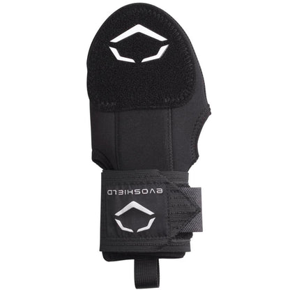 The EvoShield Youth Sliding Mitt: WB573380 is a black mitt with reinforced padding, a Velcro strap labeled EvoShield, and two white geometric logos—perfect protective gear for young baseball players.
