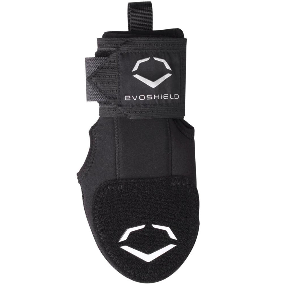 The EvoShield Youth Sliding Mitt: WB573380 is a black mitt with a Velcro strap, logo, and padding by EvoShield, designed to protect young athletes' hands in baseball or softball.