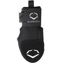 The EvoShield Youth Sliding Mitt: WB573380 is a black mitt with a Velcro strap, logo, and padding by EvoShield, designed to protect young athletes' hands in baseball or softball.