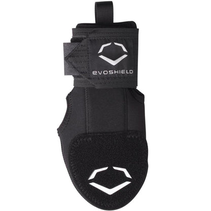 The EvoShield Youth Sliding Mitt: WB573380 is a black mitt with a Velcro strap, logo, and padding by EvoShield, designed to protect young athletes' hands in baseball or softball.