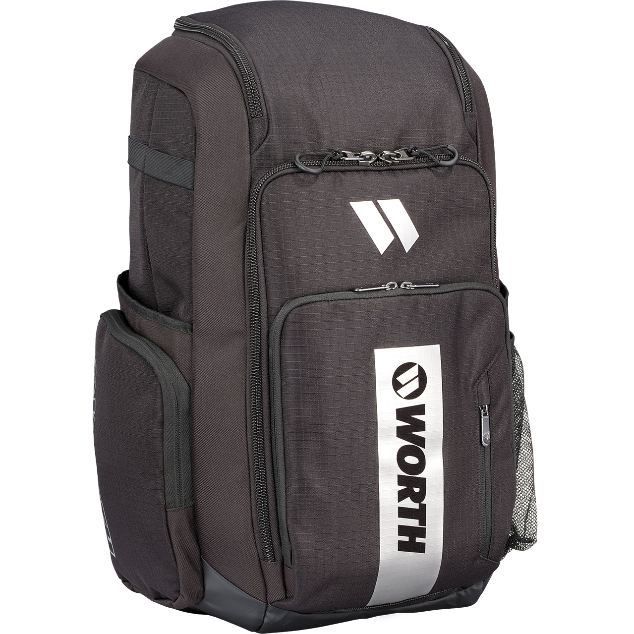 The Worth Pro Backpack: WBA004 by Worth is a black slowpitch gear bag featuring the white Worth logo on the front, multiple zippered compartments, and side pockets—ideal for carrying all your essentials.