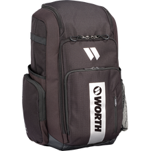 The Worth Pro Backpack: WBA004 by Worth is a black slowpitch gear bag featuring the white Worth logo on the front, multiple zippered compartments, and side pockets—ideal for carrying all your essentials.