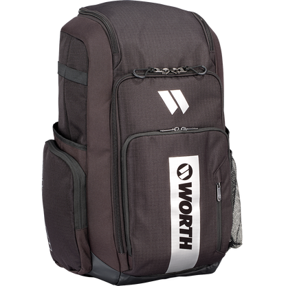 The Worth Pro Backpack: WBA004 by Worth is a black slowpitch gear bag featuring the white Worth logo on the front, multiple zippered compartments, and side pockets—ideal for carrying all your essentials.