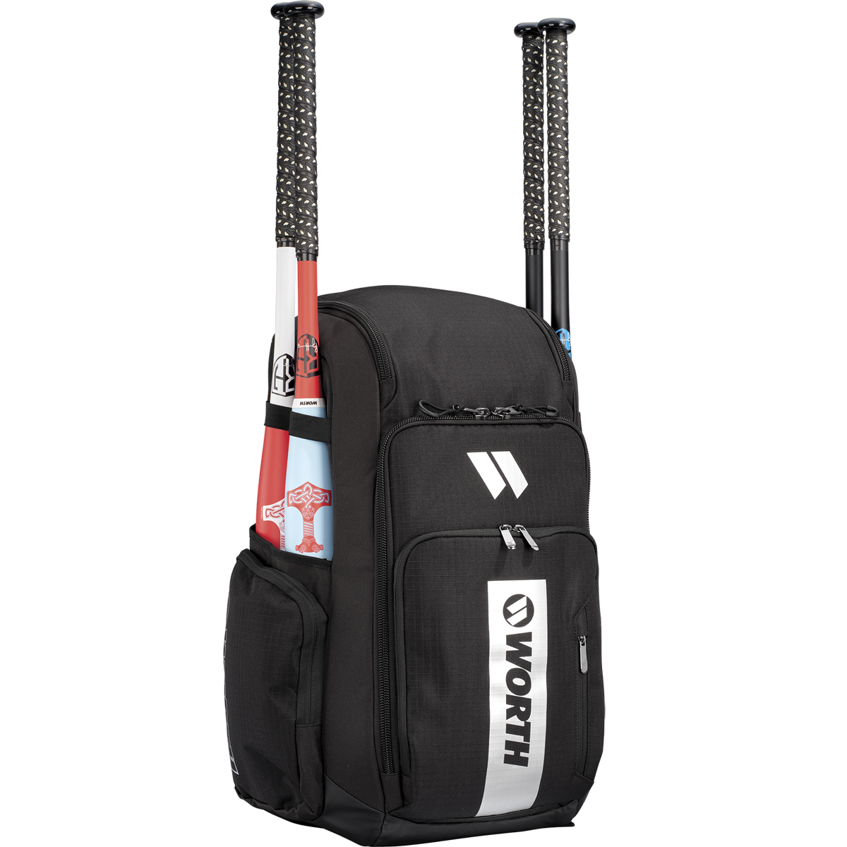 The Worth Pro Backpack: WBA004 by Worth features two side bat pockets (one holding a red and white bat, the other black) and a front zippered pocket with the Worth logo. Ideal as your go-to slowpitch gear bag.