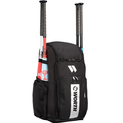 The Worth Pro Backpack: WBA004 by Worth features two side bat pockets (one holding a red and white bat, the other black) and a front zippered pocket with the Worth logo. Ideal as your go-to slowpitch gear bag.