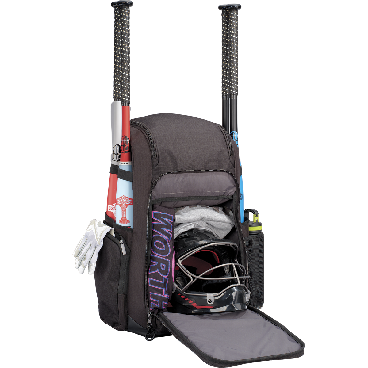 The Worth Pro Backpack: WBA004 by Worth holds two bats in side holders, a helmet, gloves, a branded Worth item in the main compartment, plus water bottles in side pockets—ideal for all your slowpitch essentials.