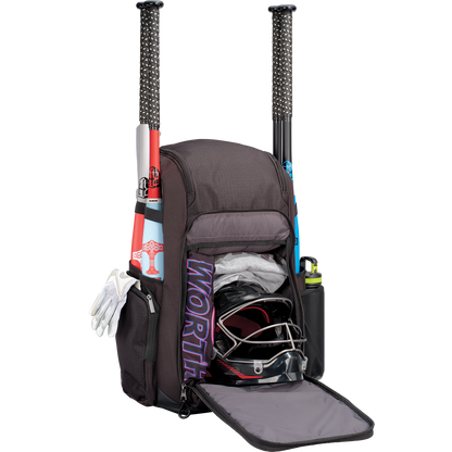 The Worth Pro Backpack: WBA004 by Worth holds two bats in side holders, a helmet, gloves, a branded Worth item in the main compartment, plus water bottles in side pockets—ideal for all your slowpitch essentials.