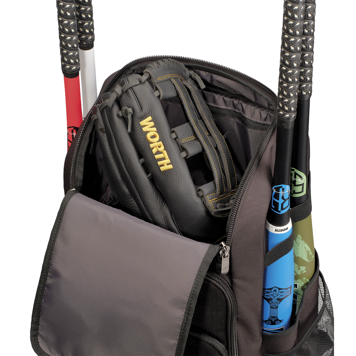 The Worth Pro Backpack: WBA004 by Worth is unzipped, showing a black and gold Worth baseball glove inside. Two bats with patterned grips stick out from the sides, and another blue and black bat is in a side pocket.
