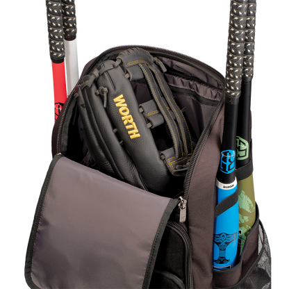 The Worth Pro Backpack: WBA004 by Worth is unzipped, showing a black and gold Worth baseball glove inside. Two bats with patterned grips stick out from the sides, and another blue and black bat is in a side pocket.