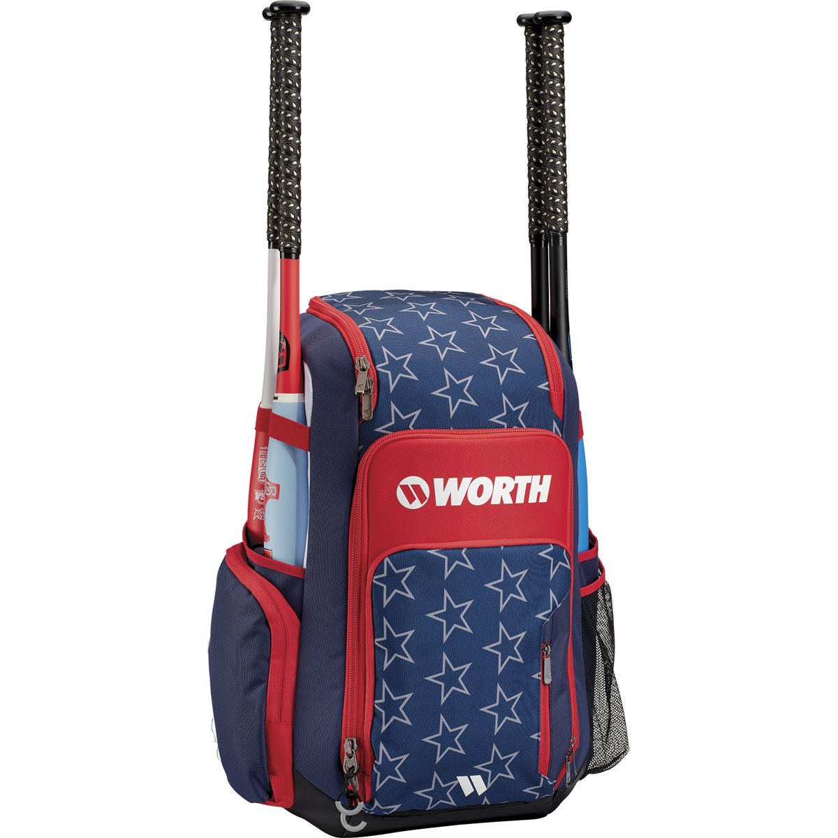 The Worth Pro Backpack: WBA004 by Worth features a blue and red design with white stars, two side bat holders, and multiple zippered compartments—ideal as your go-to slowpitch gear bag.