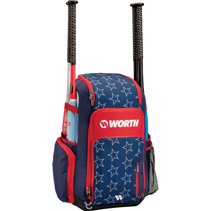 The Worth Pro Backpack: WBA004 by Worth features a blue and red design with white stars, two side bat holders, and multiple zippered compartments—ideal as your go-to slowpitch gear bag.