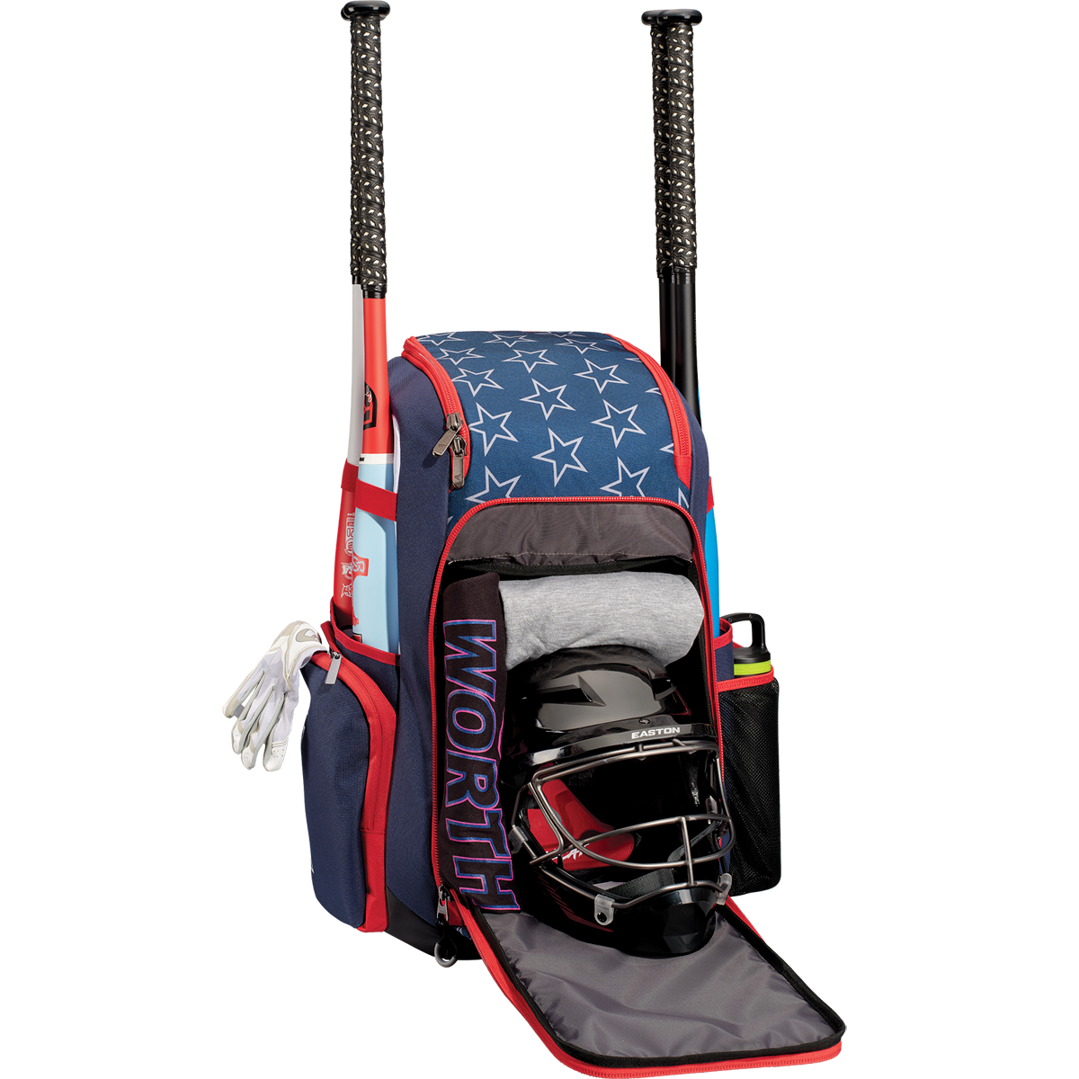 The Worth Pro Backpack: WBA004 by Worth, featuring blue and red colors with star patterns, holds two bats, white gloves, a black helmet, a gray shirt, and a water bottle in the side pocket. The front compartment displays the slowpitch gear.