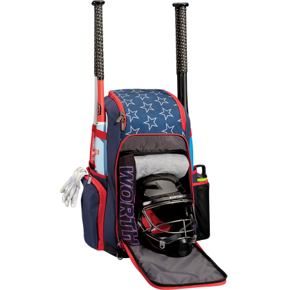 The Worth Pro Backpack: WBA004 by Worth, featuring blue and red colors with star patterns, holds two bats, white gloves, a black helmet, a gray shirt, and a water bottle in the side pocket. The front compartment displays the slowpitch gear.