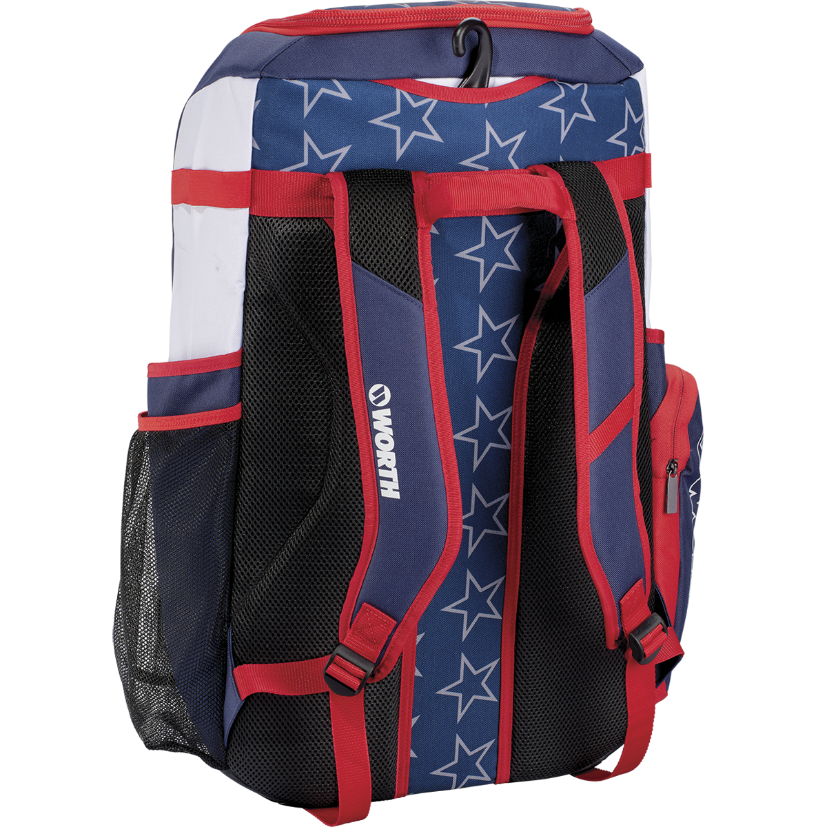 The Worth Pro Backpack: WBA004 by Worth features blue, red, and white colors with star patterns, mesh side pockets, padded shoulder straps, and multiple zippered compartments—ideal as your go-to slowpitch gear bag.