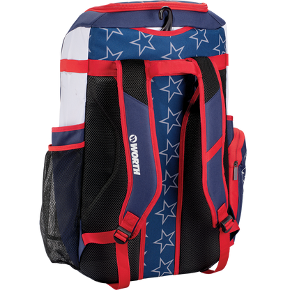 The Worth Pro Backpack: WBA004 by Worth features blue, red, and white colors with star patterns, mesh side pockets, padded shoulder straps, and multiple zippered compartments—ideal as your go-to slowpitch gear bag.