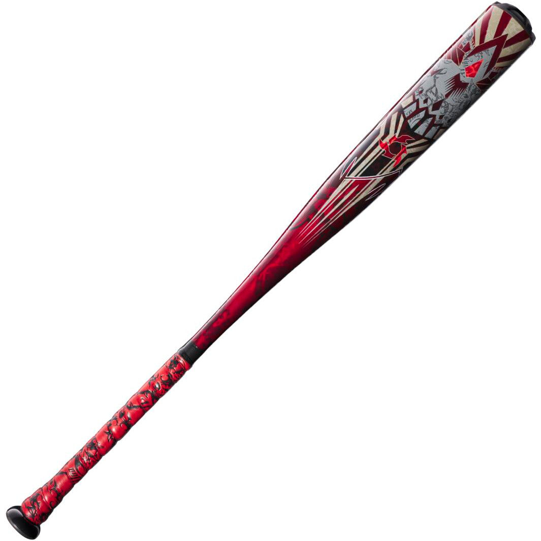 The 2023 DeMarini Voodoo One -5 (2 5/8") USA Baseball Bat features a sleek metallic red and black design with abstract geometric patterns, a stylized face near the X14 Alloy Barrel, and a matching red and black grip-wrapped handle.