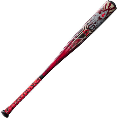 The 2023 DeMarini Voodoo One -5 (2 5/8") USA Baseball Bat features a sleek metallic red and black design with abstract geometric patterns, a stylized face near the X14 Alloy Barrel, and a matching red and black grip-wrapped handle.