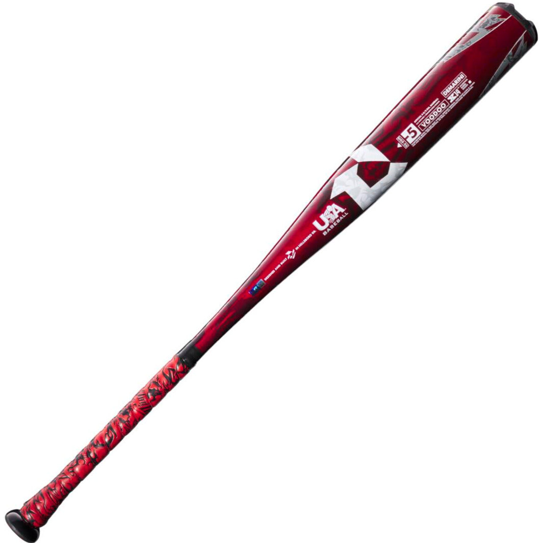 The 2023 DeMarini Voodoo One -5 USA Baseball Bat (WBD2361010) features a maroon and red X14 Alloy Barrel, patterned grip handle, white logos, and text detailing specifications.
