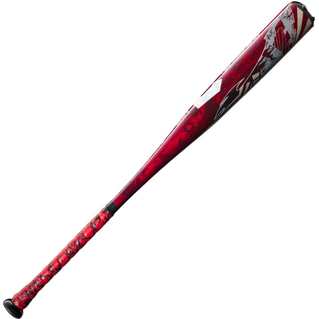 The 2023 DeMarini Voodoo One -5 USA Baseball Bat (WBD2361010) features a red and black patterned design, X14 Alloy Barrel, textured grip handle, and glossy finish.