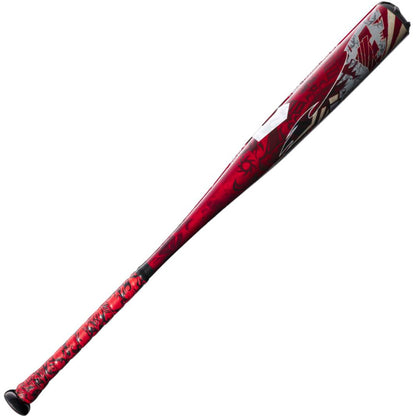 The 2023 DeMarini Voodoo One -5 USA Baseball Bat (WBD2361010) features a red and black patterned design, X14 Alloy Barrel, textured grip handle, and glossy finish.