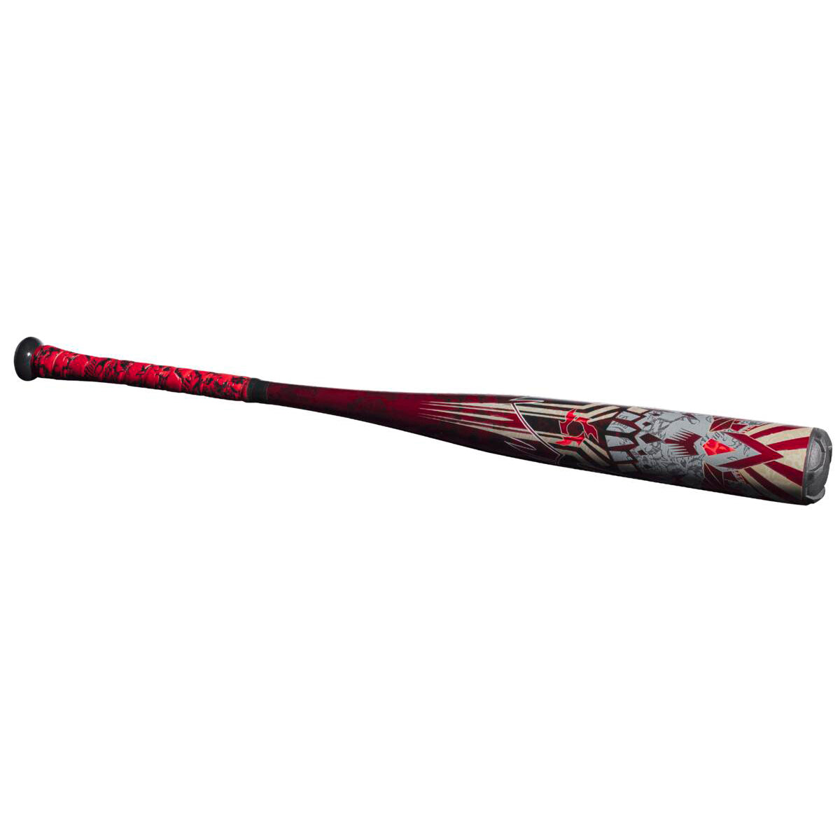 The 2023 DeMarini Voodoo One -5 USA Baseball Bat (WBD2361010) features a black and red grip with a silver and red graphic design on its X14 Alloy Barrel.