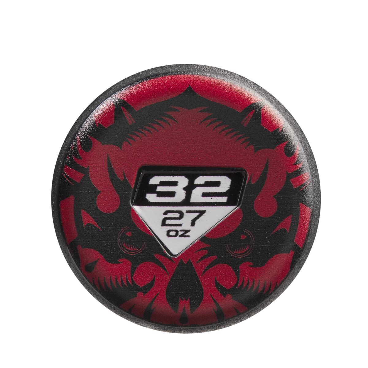 A round red and black bat knob sticker with an aggressive tribal design, sized for the 2023 DeMarini Voodoo One -5 USA Baseball Bat (WBD2361010), features “32” and “27 oz” in white text on a central shield.