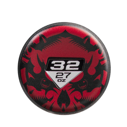 A round red and black bat knob sticker with an aggressive tribal design, sized for the 2023 DeMarini Voodoo One -5 USA Baseball Bat (WBD2361010), features “32” and “27 oz” in white text on a central shield.