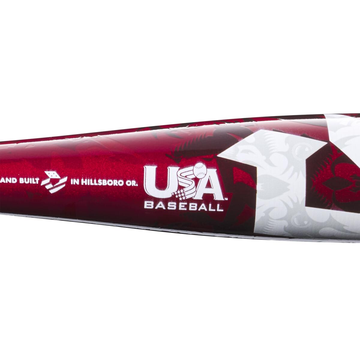 Close-up of the red and white 2023 DeMarini Voodoo One -5 USA Baseball Bat (WBD2361010), with logo and “designed and built in Hillsboro, Oregon” text visible. Subtle patterns highlight its X14 Alloy Barrel.