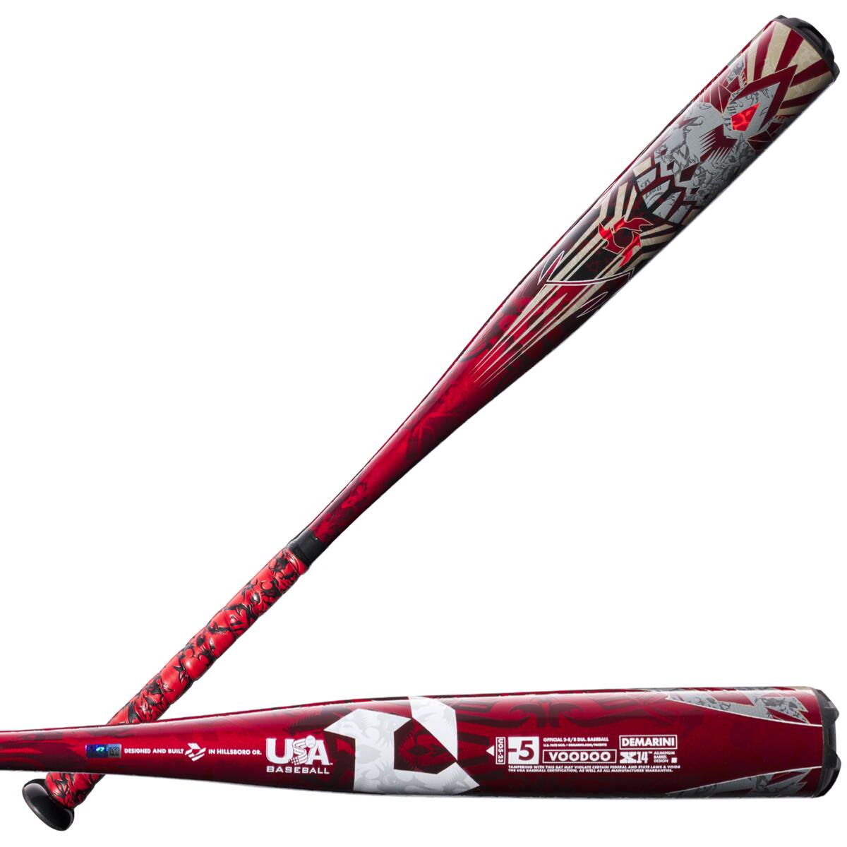 The 2023 DeMarini Voodoo One -5 (2 5/8") USA Baseball Bat: WBD2361010 features a striking design and an X14 Alloy Barrel for enhanced performance.