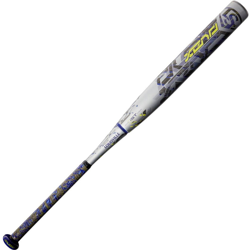 A used 2022 Louisville Slugger Xeno (-10) Fastpitch Softball Bat (WBL2547010) featuring silver and blue design with yellow accents, patterned grip, modern barrel graphics, and Dual-Disc S1ID Barrel for top performance.