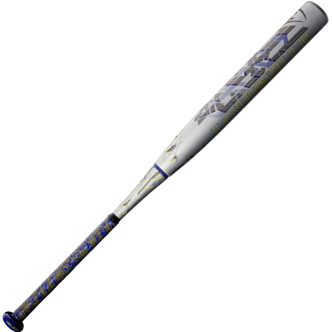 The 2022 Louisville Slugger Xeno (-10) Fastpitch Softball Bat (USED) features a white and gray design with blue, yellow, and black accents, Dual-Disc S1ID Barrel, textured grip, and geometric patterns on the barrel and handle.