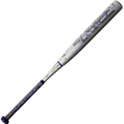 The 2022 Louisville Slugger Xeno (-10) Fastpitch Softball Bat (USED) features a white and gray design with blue, yellow, and black accents, Dual-Disc S1ID Barrel, textured grip, and geometric patterns on the barrel and handle.