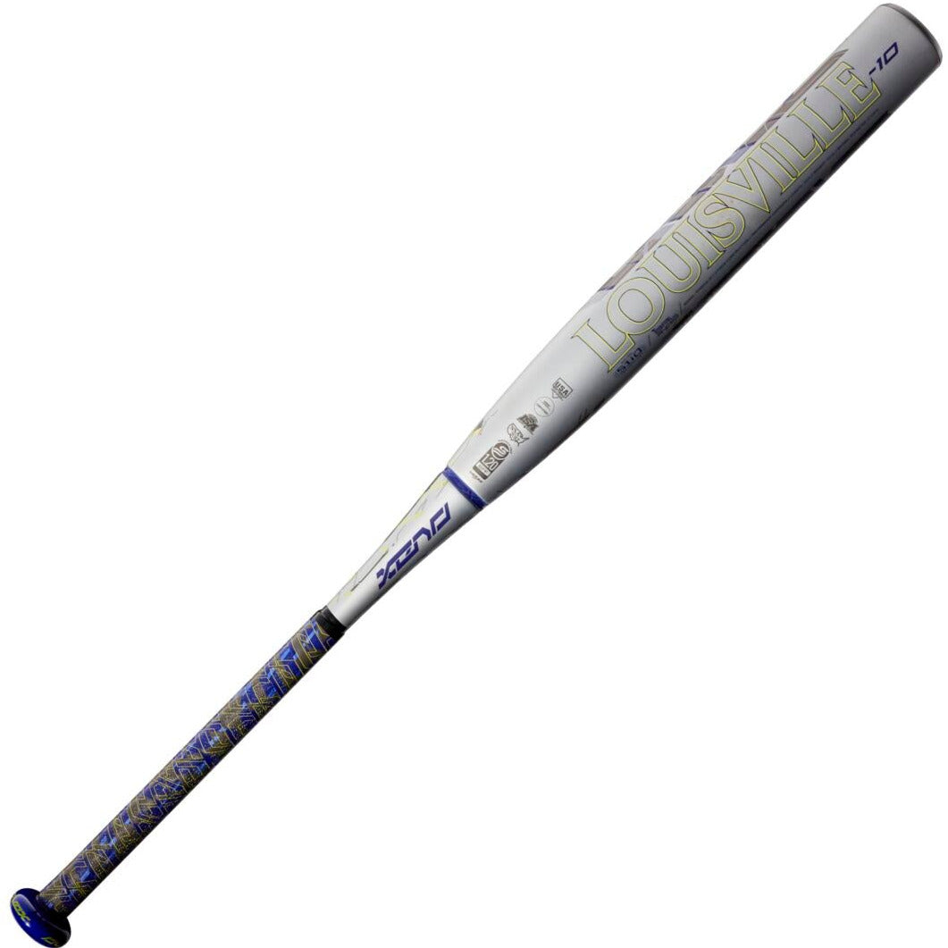 A silver 2022 Louisville Slugger Xeno (-10) Fastpitch Softball Bat (WBL2547010, USED) with blue, yellow, and black handle details, a Dual-Disc S1ID Barrel, and LOUISVILLE boldly printed on the barrel.
