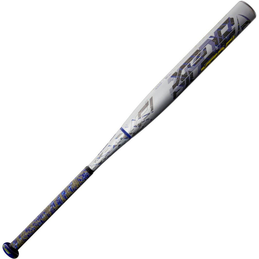 A silver and white 2022 Louisville Slugger Xeno (-10) Fastpitch Softball Bat: WBL2547010 (USED) displays blue, yellow, and black geometric designs on its Dual-Disc S1ID Barrel, shown against a white background.