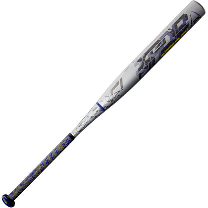 A silver and white 2022 Louisville Slugger Xeno (-10) Fastpitch Softball Bat: WBL2547010 (USED) displays blue, yellow, and black geometric designs on its Dual-Disc S1ID Barrel, shown against a white background.