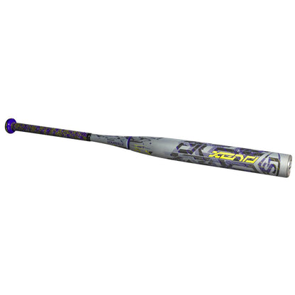 A used 2022 Louisville Slugger Xeno (-10) Fastpitch Softball Bat, WBL2547010, features a gray and purple design with a patterned grip and bold graphics on the Dual-Disc S1ID Barrel, shown on a white background.