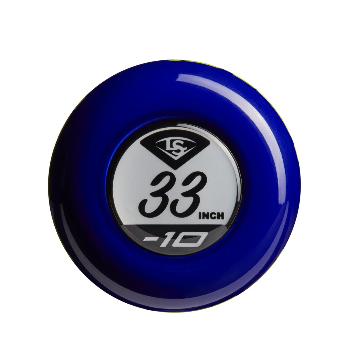 A blue circular bat knob sticker for the 2022 Louisville Slugger Xeno (-10) Fastpitch Softball Bat features “33 INCH” and “-10” in black on a white center, with the Louisville Slugger logo at the top.