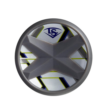 A round, metallic object with a raised X in the center, resembling the 2022 Louisville Slugger Xeno (-10) Fastpitch Softball Bat: WBL2547010 (USED), sits on a silver, blue, and yellow geometric background with LS initials—honoring Louisville Slugger.