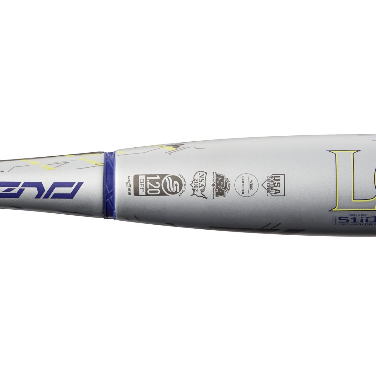 Close-up of a metallic silver 2022 Louisville Slugger Xeno (-10) Fastpitch Softball Bat (USED), featuring certification logos, Dual-Disc S1ID Barrel technology, and 120 BPF text on a white background.