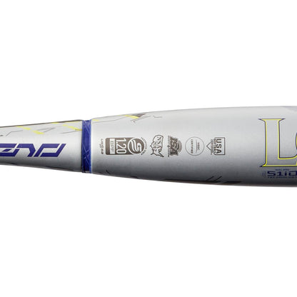 Close-up of a metallic silver 2022 Louisville Slugger Xeno (-10) Fastpitch Softball Bat (USED), featuring certification logos, Dual-Disc S1ID Barrel technology, and 120 BPF text on a white background.