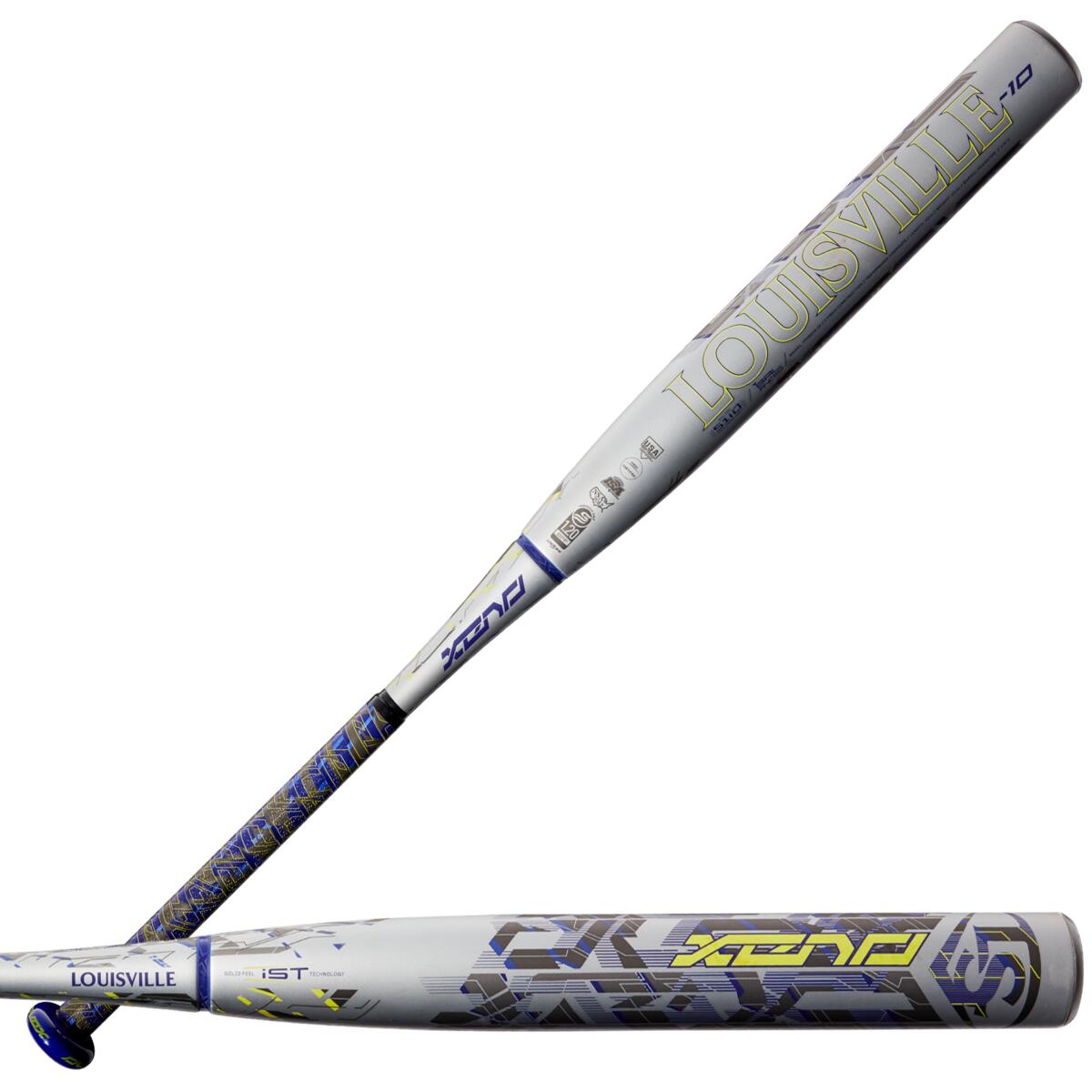 Two silver 2022 Louisville Slugger Xeno (-10) Fastpitch Softball Bats (USED) are shown—one diagonal, one horizontal. Both display blue and yellow graphics, bold Louisville Slugger branding, and the Dual-Disc S1ID Barrel design.