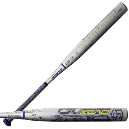 Two silver 2022 Louisville Slugger Xeno (-10) Fastpitch Softball Bats (USED) are shown—one diagonal, one horizontal. Both display blue and yellow graphics, bold Louisville Slugger branding, and the Dual-Disc S1ID Barrel design.