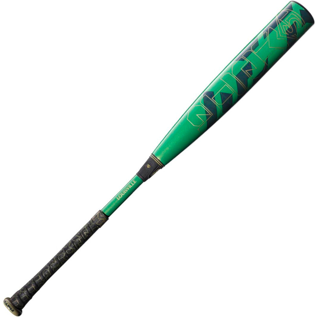 The 2023 Louisville Slugger Meta (-5) 2 5/8" USSSA Baseball Bat (WBL2649010) features a green barrel with black and blue geometric designs, gapped wall barrel technology, a black grip, and "Louisville" printed near the base.