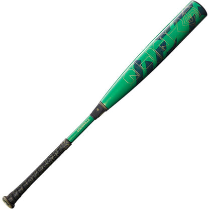 The 2023 Louisville Slugger Meta (-5) 2 5/8" USSSA Baseball Bat (WBL2649010) features a green barrel with black and blue geometric designs, gapped wall barrel technology, a black grip, and "Louisville" printed near the base.