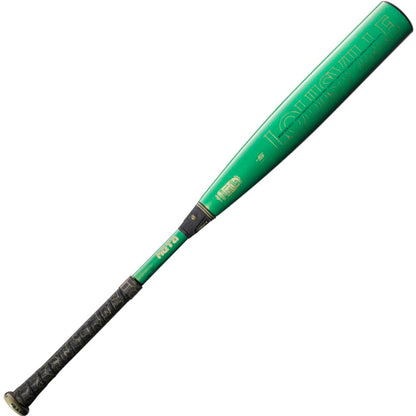 A used 2023 Louisville Slugger Meta (-5) 2 5/8" USSSA Baseball Bat (WBL2649010) is shown with a black and green grip and gapped wall barrel technology on a white background.