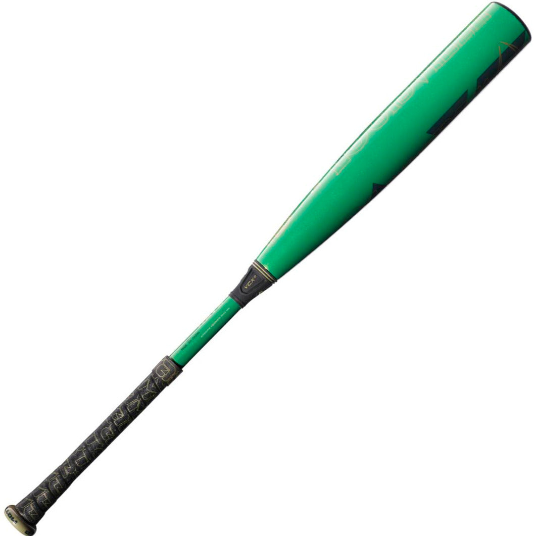 The 2023 Louisville Slugger Meta (-5) 2 5/8" USSSA Baseball Bat (WBL2649010, USED) features a green barrel with black and gold grip, subtle black graphics, and gapped wall barrel technology, shown on a white background.
