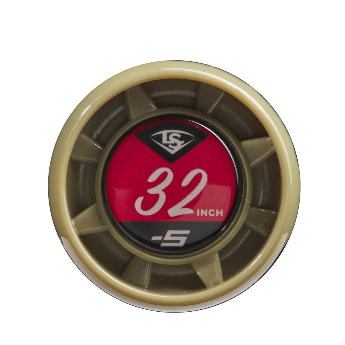 Close-up of the knob on a 2023 Louisville Slugger Meta (-5) 2 5/8" USSSA Baseball Bat (USED), showing a red and black cap marked "32 INCH" and "-5" with the Louisville Slugger logo, encircled by a tan ring.